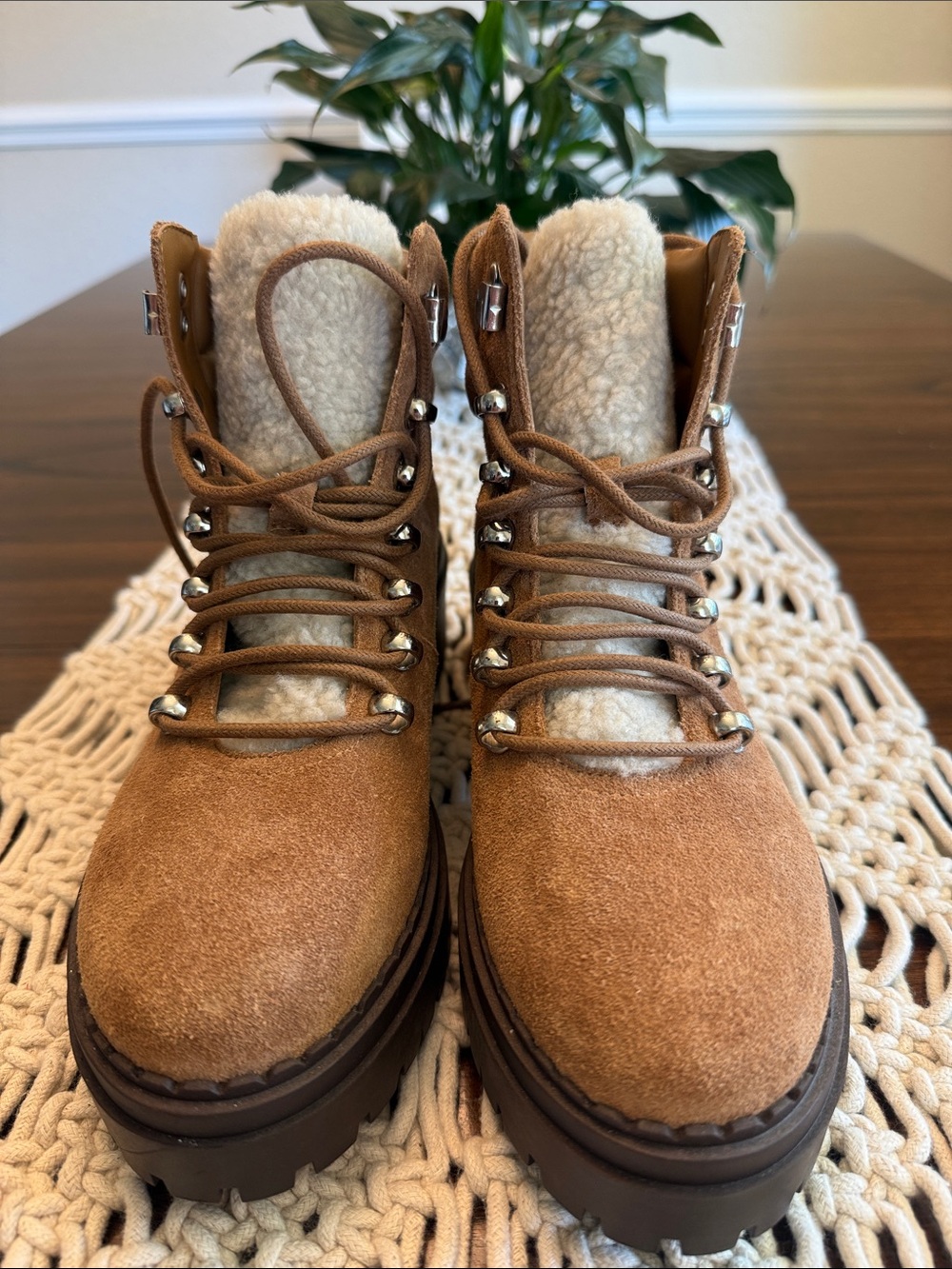 Marc Fisher Tan Suede Lace-Up Sherpa Boots
